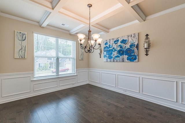171 Osier Dr, Mcdonough, GA 30252 - empty room with coffered ceiling, a chandelier, beamed ceiling, dark wood-style floors, and a wainscoted wall