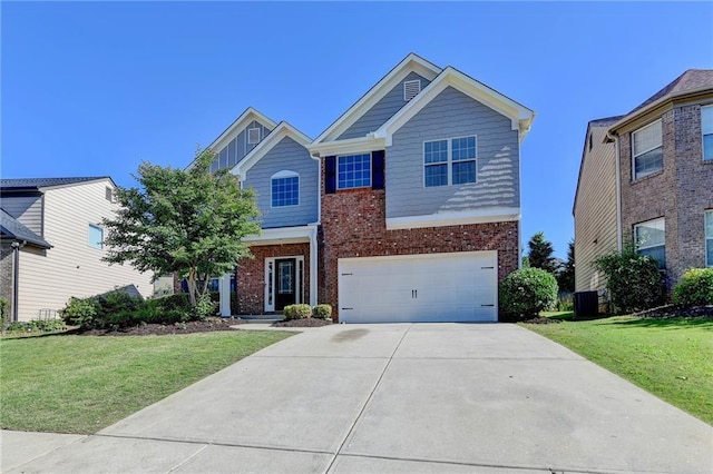 view of front of home featuring brick siding, concrete driveway, an attached garage, and a front yard