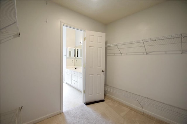 walk in closet featuring light colored carpet