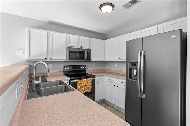 kitchen with appliances with stainless steel finishes, a sink, visible vents, and white cabinetry