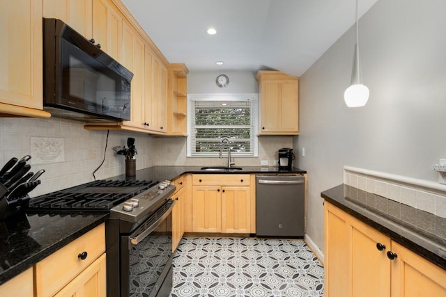 kitchen featuring sink, decorative light fixtures, light brown cabinetry, light tile patterned flooring, and black appliances