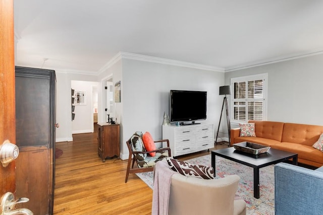 living room featuring wood-type flooring and crown molding