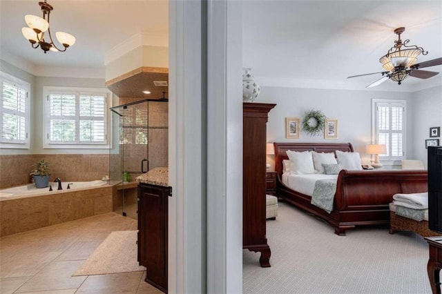 bedroom with crown molding and a chandelier