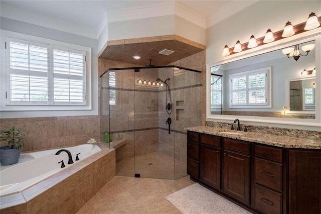 bathroom with a stall shower, a bath, ornamental molding, vanity, and tile patterned flooring