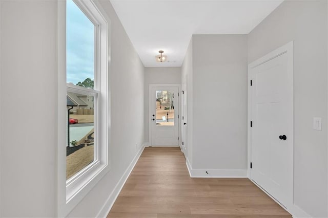 hall with light hardwood / wood-style floors and a wealth of natural light