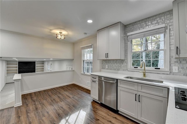 kitchen featuring stainless steel dishwasher, sink, backsplash, dark wood-type flooring, and white cabinets