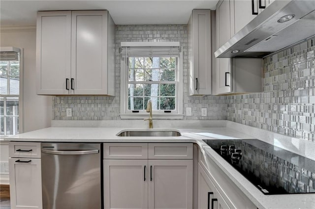 kitchen with dishwasher, wall chimney exhaust hood, sink, black electric stovetop, and decorative backsplash