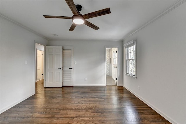 unfurnished bedroom featuring ceiling fan, connected bathroom, a closet, and dark hardwood / wood-style flooring