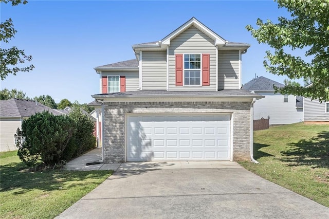 139 Palmetto St, Locust Grove, GA 30248 - traditional home with concrete driveway, a garage, a front yard, and brick siding
