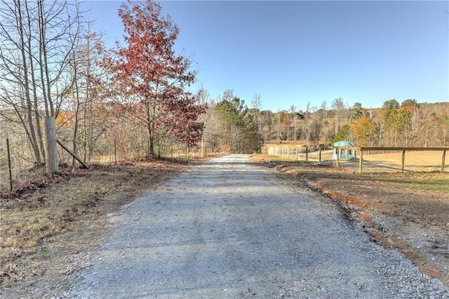 view of road with a wooded view
