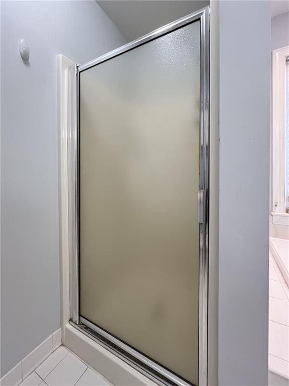 bathroom featuring tile patterned floors and a shower stall