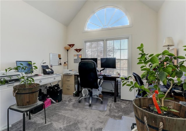 office with light colored carpet and high vaulted ceiling
