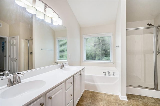 157 Spur Ln, Hiram, GA 30141 - bathroom featuring a shower stall, a garden tub, double vanity, and tile patterned floors