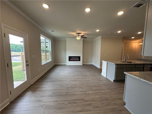 unfurnished living room featuring crown molding, a sink, ceiling fan, and a wealth of natural light