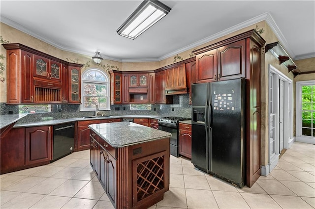 11569 Finley St, Suwanee, GA 30024 - kitchen featuring black appliances, a sink, reddish brown cabinets, range hood, and light tile patterned floors