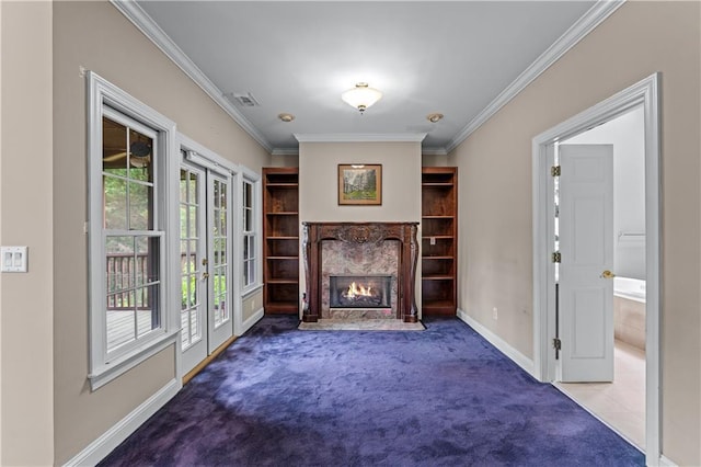 11569 Finley St, Suwanee, GA 30024 - unfurnished living room featuring carpet flooring, ornamental molding, baseboards, and a premium fireplace