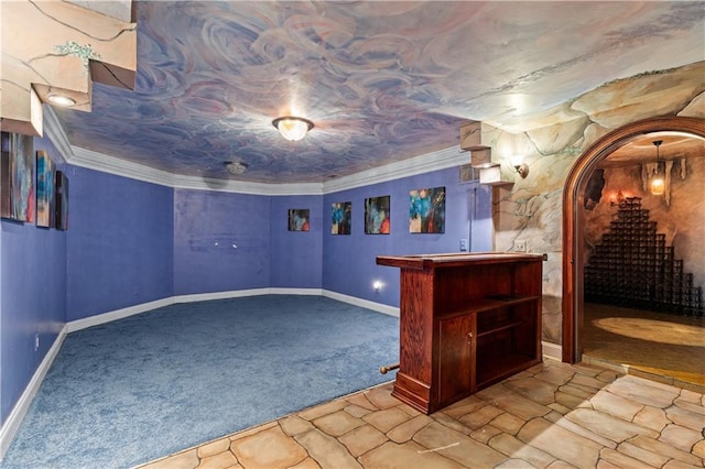 11569 Finley St, Suwanee, GA 30024 - bar featuring carpet flooring, baseboards, and crown molding