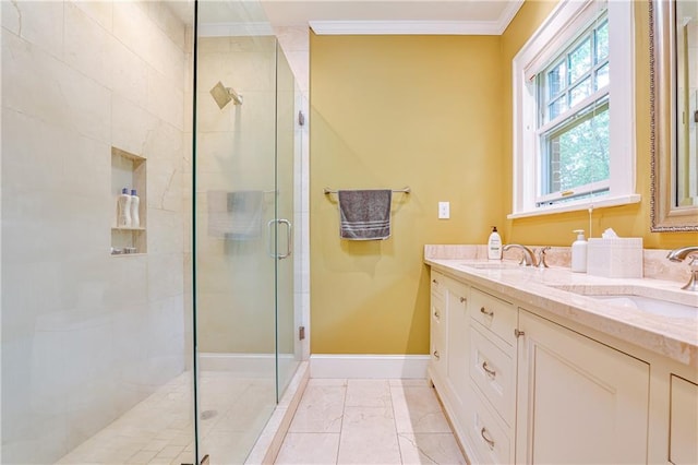 50 Rumson Way NE, Atlanta, GA 30305 - full bath with double vanity, ornamental molding, baseboards, a sink, and a stall shower