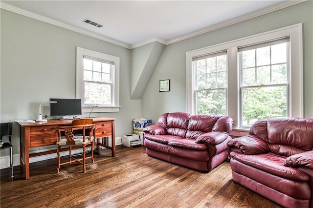 50 Rumson Way NE, Atlanta, GA 30305 - living room featuring crown molding, baseboards, visible vents, and wood finished floors