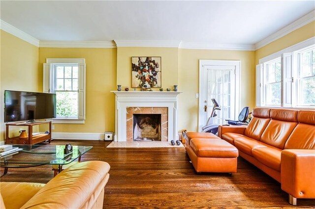 50 Rumson Way NE, Atlanta, GA 30305 - living area with crown molding, a high end fireplace, baseboards, and wood finished floors