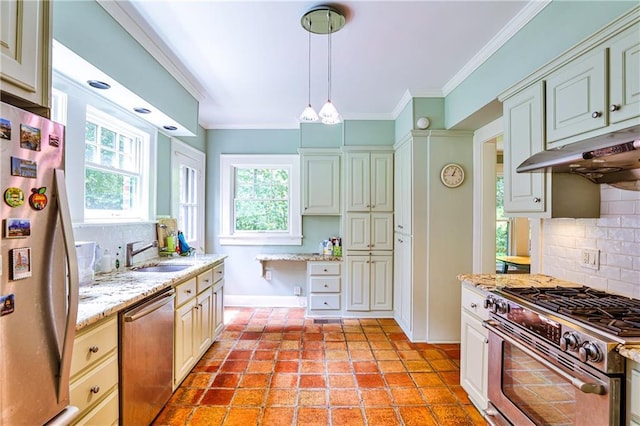 50 Rumson Way NE, Atlanta, GA 30305 - kitchen with decorative backsplash, crown molding, a sink, under cabinet range hood, and stainless steel appliances
