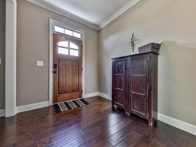 foyer with crown molding and dark wood-type flooring