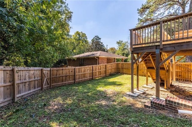 view of yard featuring a fenced backyard and a wooden deck