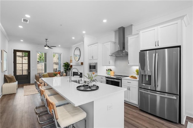 4918 Sudbrook Way Unit 252, Peachtree Corners, GA 30092 - kitchen with wall chimney exhaust hood, crown molding, stainless steel appliances, and a sink