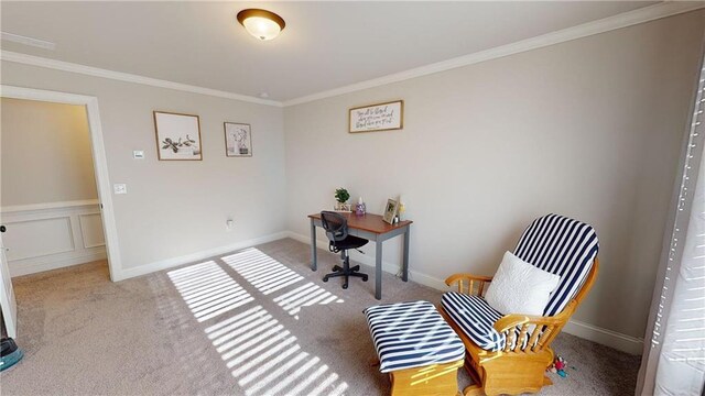 office featuring carpet floors, ornamental molding, and baseboards