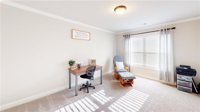 home office featuring ornamental molding, visible vents, carpet floors, and baseboards