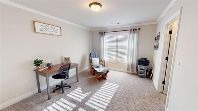 carpeted home office featuring ornamental molding, visible vents, and baseboards