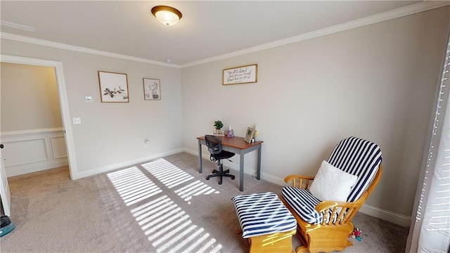 carpeted office featuring ornamental molding