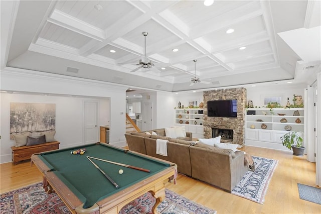 101 Terrace Dr, Atlanta, GA 30305 - playroom with a ceiling fan, recessed lighting, light wood finished floors, a fireplace, and beam ceiling