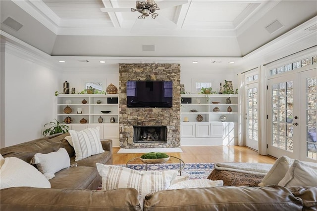 101 Terrace Dr, Atlanta, GA 30305 - living area featuring crown molding, wood finished floors, a fireplace, beam ceiling, and ceiling fan