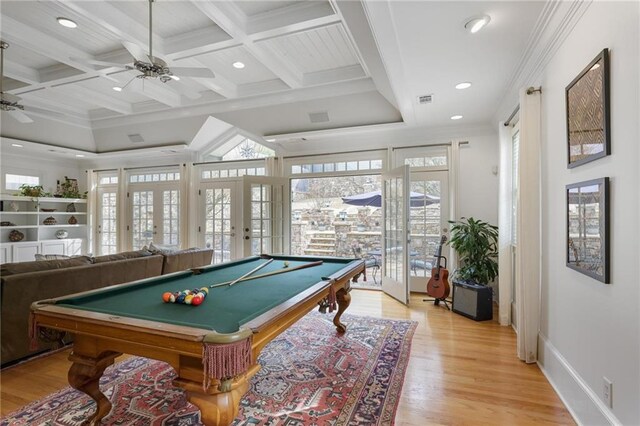 101 Terrace Dr, Atlanta, GA 30305 - game room featuring french doors, a ceiling fan, coffered ceiling, beam ceiling, and billiards table