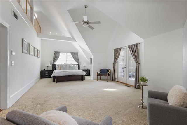 101 Terrace Dr, Atlanta, GA 30305 - bedroom with carpet floors, high vaulted ceiling, access to outside, and a ceiling fan