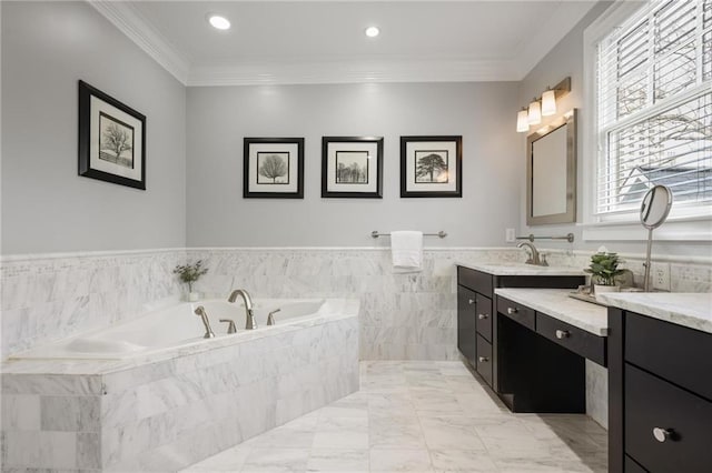 101 Terrace Dr, Atlanta, GA 30305 - bathroom featuring a garden tub, vanity, crown molding, marble finish floors, and wainscoting