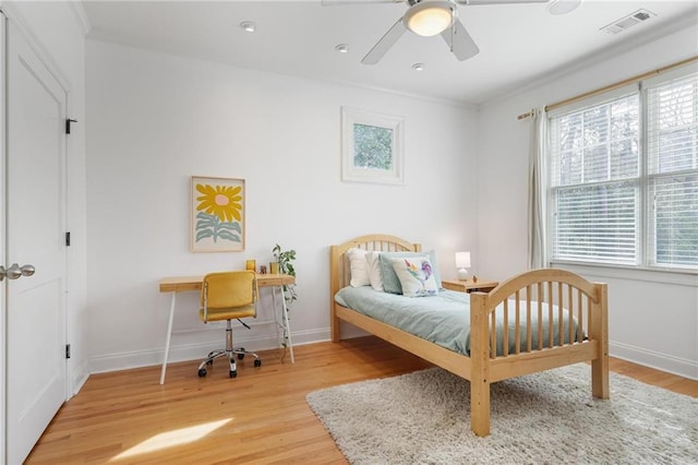 101 Terrace Dr, Atlanta, GA 30305 - bedroom featuring baseboards, light wood-type flooring, crown molding, and a ceiling fan