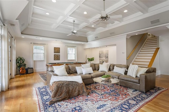 101 Terrace Dr, Atlanta, GA 30305 - living room featuring ceiling fan, recessed lighting, coffered ceiling, wood finished floors, and beam ceiling