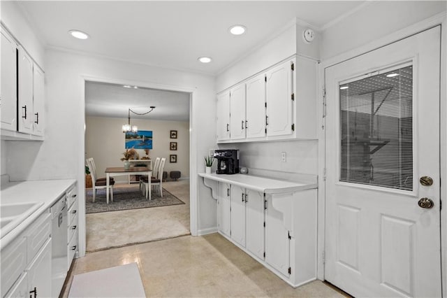 2621 Pass Cir, Gainesville, GA 30506 - kitchen with white cabinets, light floors, light countertops, recessed lighting, and crown molding