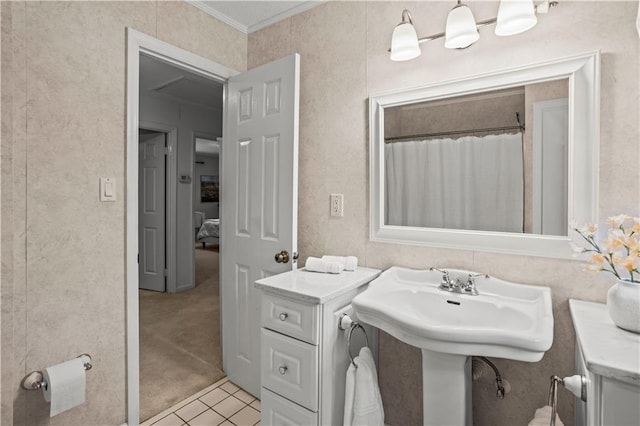 2621 Pass Cir, Gainesville, GA 30506 - bathroom featuring crown molding, tile patterned floors, and a shower with shower curtain