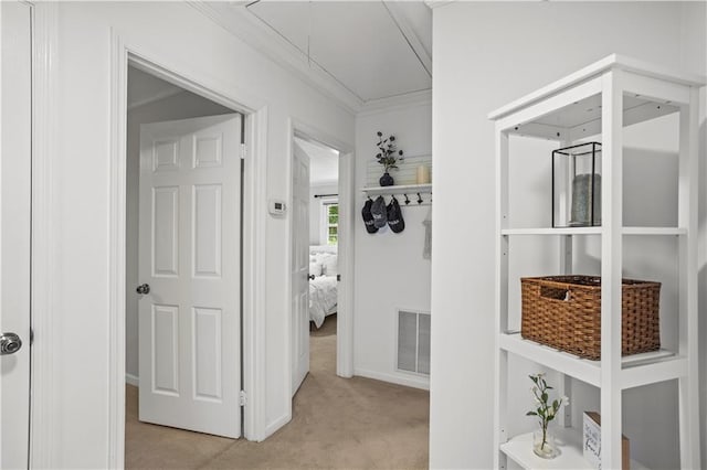 2621 Pass Cir, Gainesville, GA 30506 - hall with light carpet, attic access, ornamental molding, and baseboards