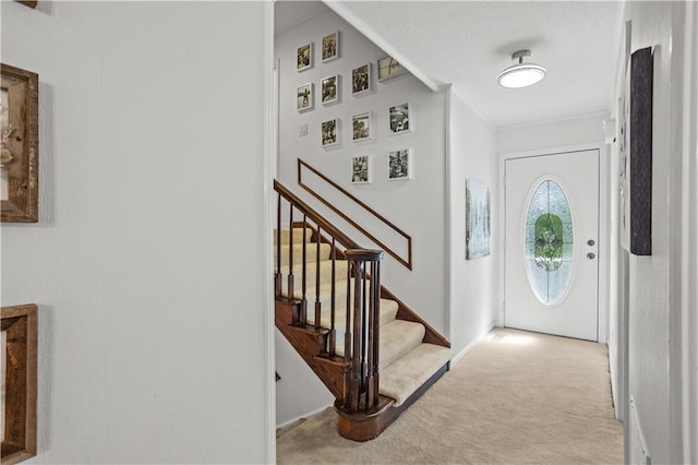 2621 Pass Cir, Gainesville, GA 30506 - foyer entrance with carpet flooring, ornamental molding, and stairs
