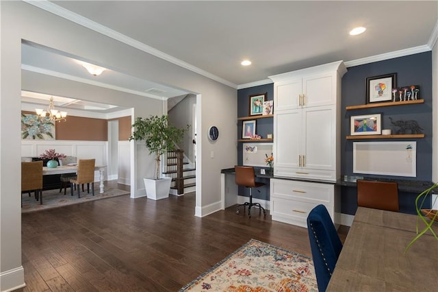 5240 Bristlecone Pine Way, Cumming, GA 30040 - office space featuring built in study area, dark wood-style flooring, a chandelier, ornamental molding, and recessed lighting