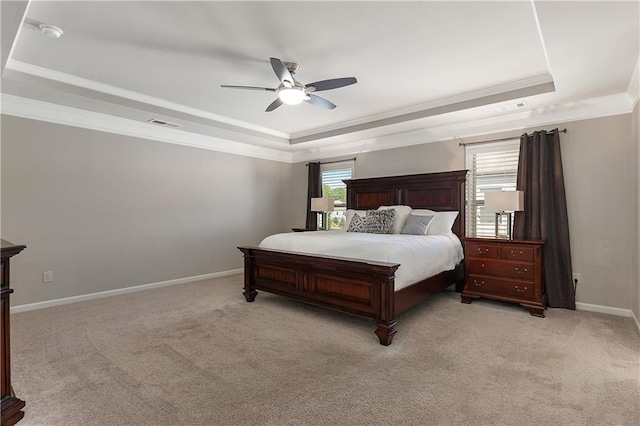 5240 Bristlecone Pine Way, Cumming, GA 30040 - bedroom with a tray ceiling, ornamental molding, light carpet, and ceiling fan