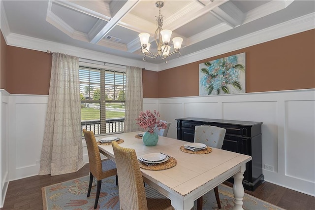 5240 Bristlecone Pine Way, Cumming, GA 30040 - dining room with a chandelier, coffered ceiling, a decorative wall, wainscoting, and wood finished floors