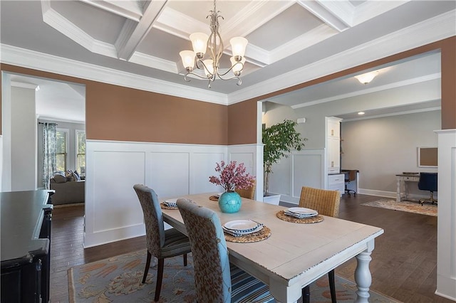 5240 Bristlecone Pine Way, Cumming, GA 30040 - dining area with a decorative wall, a chandelier, coffered ceiling, crown molding, and dark wood-type flooring