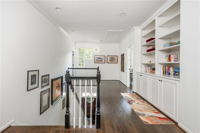 corridor with an upstairs landing, crown molding, dark wood-style floors, baseboards, and recessed lighting