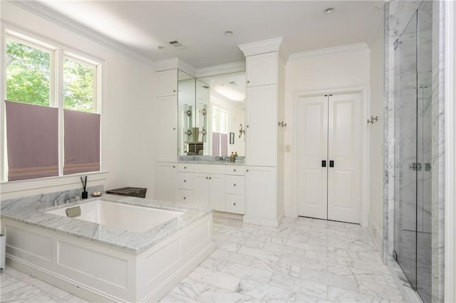 bathroom with a marble finish shower, ornamental molding, marble finish flooring, a bath, and vanity