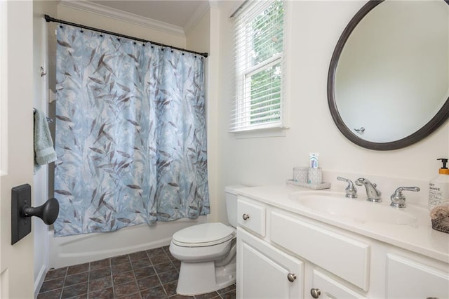 full bath featuring ornamental molding, toilet, vanity, and shower / tub combo with curtain